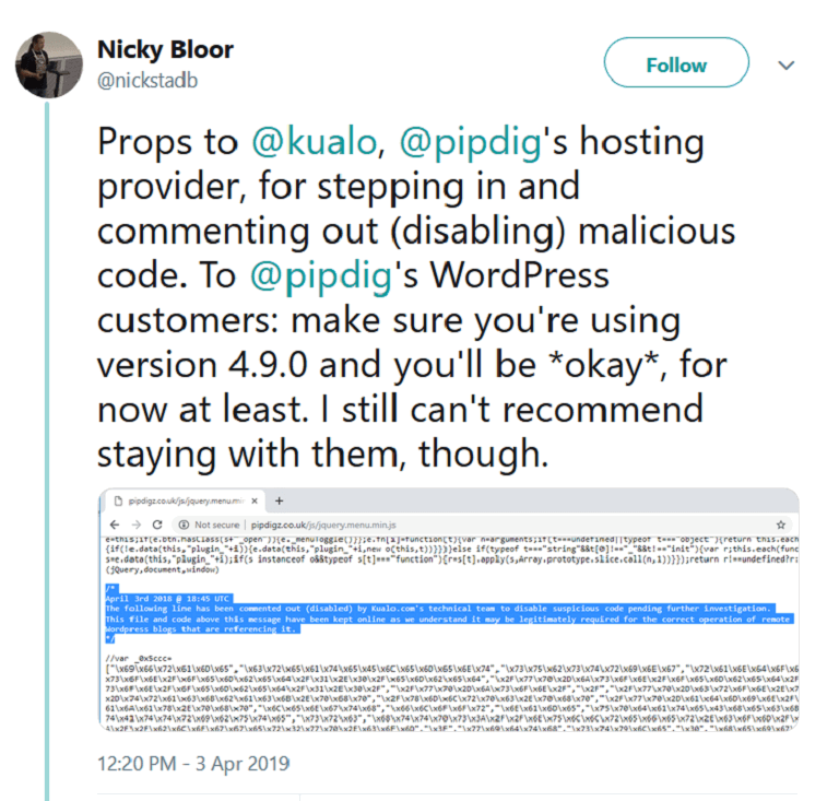 pipdig hosting disabling malicious code