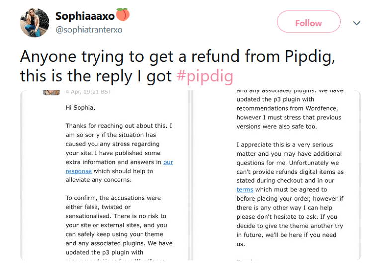 pipdig no refund response