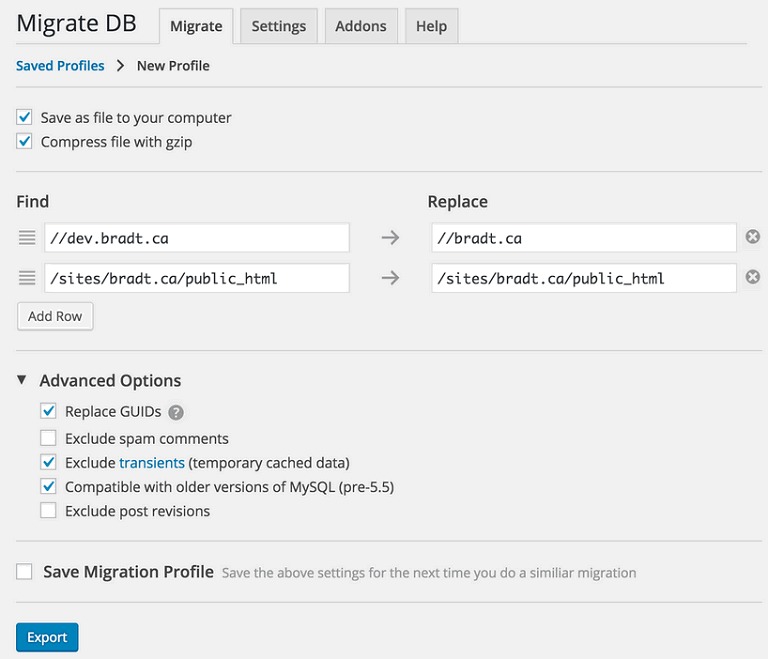 wp migrate db backend