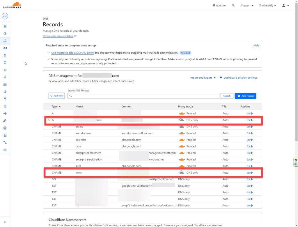 Cloudflare proxy service is disabled on A & CNAME DNS Records